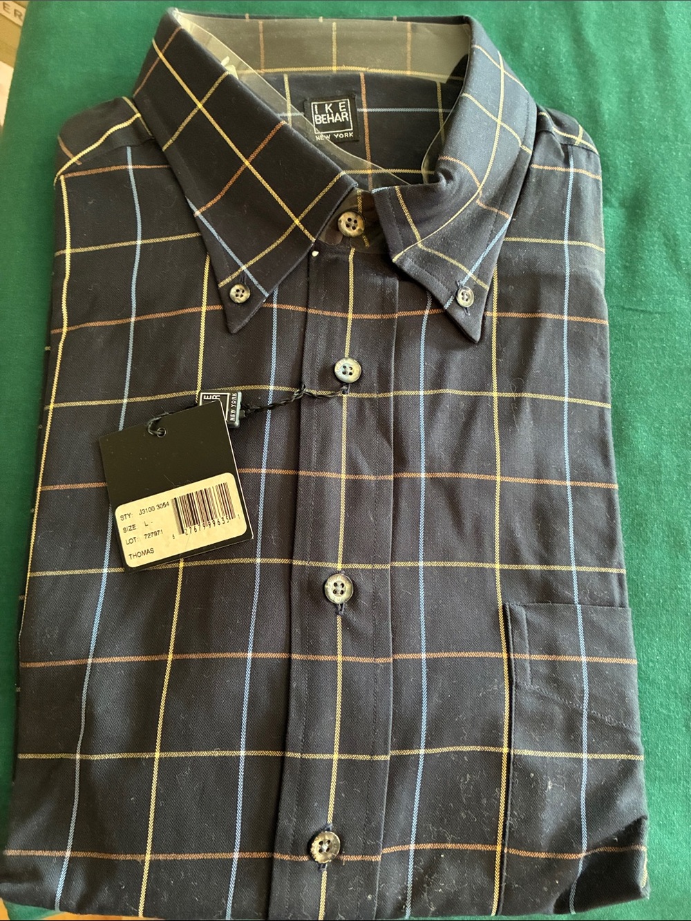 Ike Behar Navy Windowpane Plaid Button-Down Shirt with Tan & Blue Lines